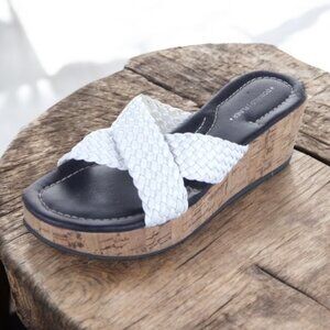 NWOB Donald J Pliner White Criss Cross Woven Leather Cork Wedge Platform - Sz 11